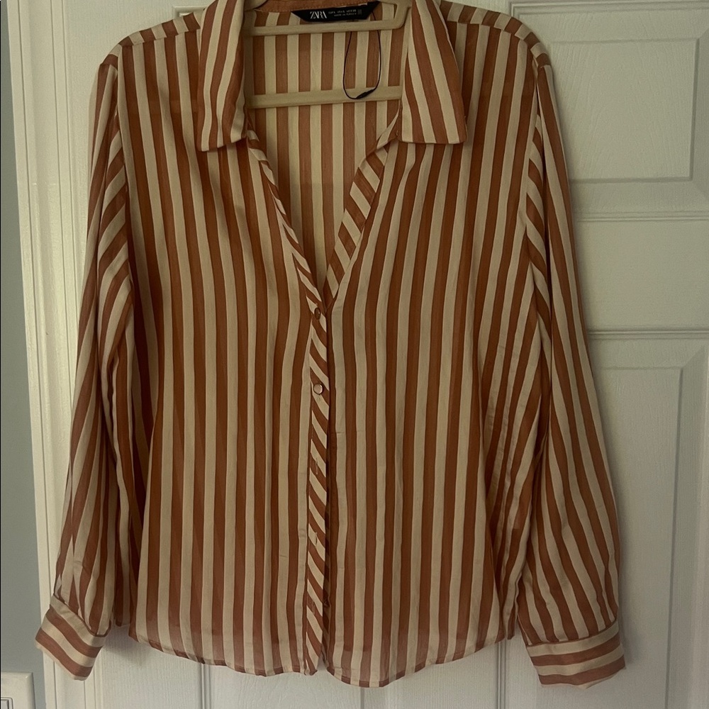 Zara Women's Button Down in Brown and White Stripes